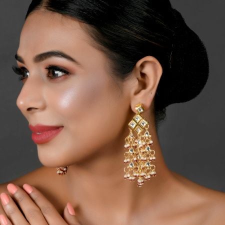 Enamel Mirror Teardrop Chandelier Earrings with Red & Pearl Beads Pair